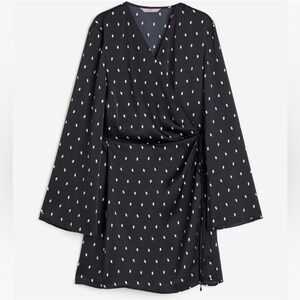 HM Black Satin Wrap Mini Dress White Dash Print Bell Sleeve V-Neck Size Medium